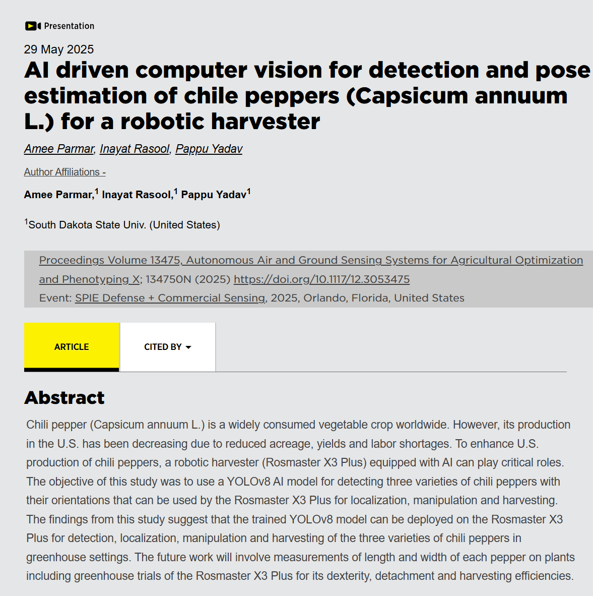 AI driven computer vision for detection and pose estimation of chile peppers (Capsicum annuum L.) for a robotic harvester