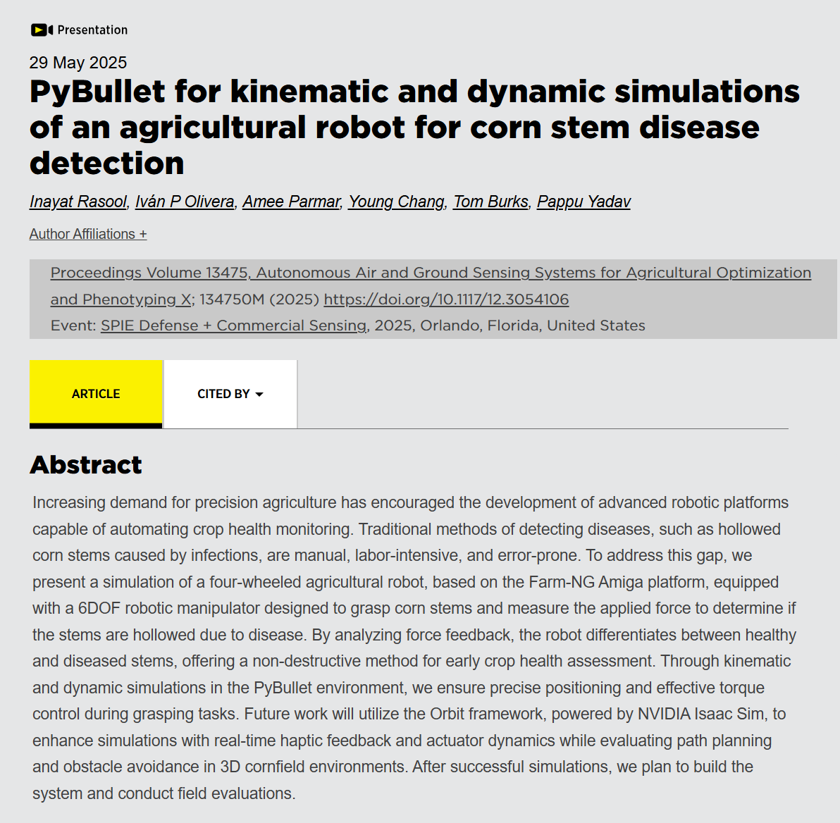 PyBullet for kinematic and dynamic simulations of an agricultural robot for corn stem disease detection