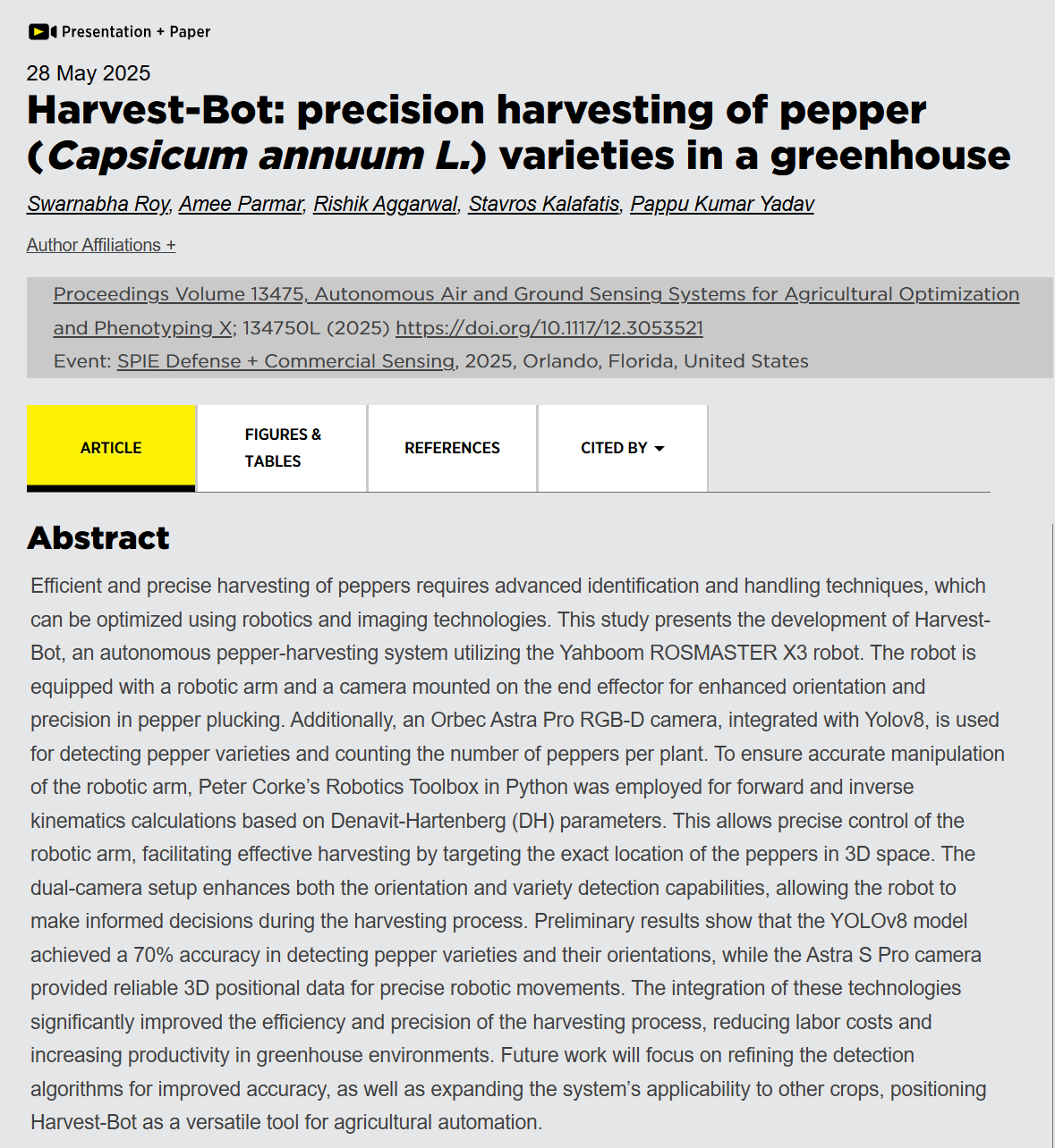 Harvest-Bot: precision harvesting of pepper (Capsicum annuum L.) varieties in a greenhouse