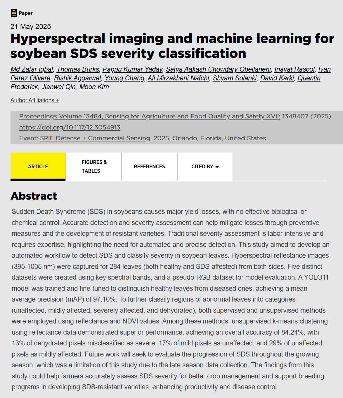 Hyperspectral imaging and machine learning for soybean SDS severity classification