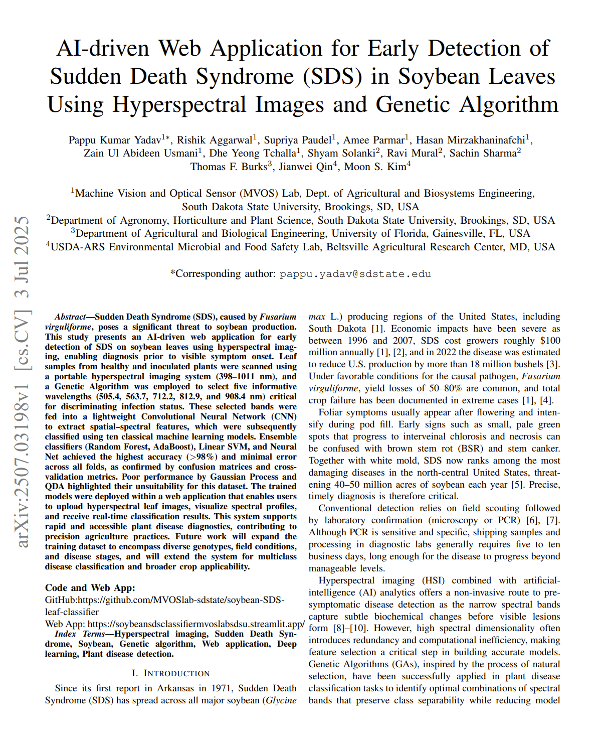 AI-driven Web Application for Early Detection of Sudden Death Syndrome (SDS) in Soybean Leaves Using Hyperspectral Images and Genetic Algorithm